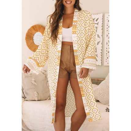 Yellow Bohemian Geometric Printed Loose Sleeve Long Kimono