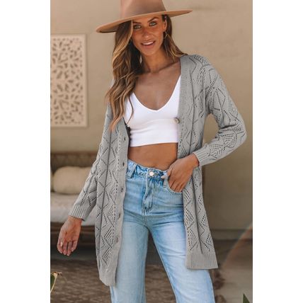 Gray Hollow-out Openwork Knit Cardigan