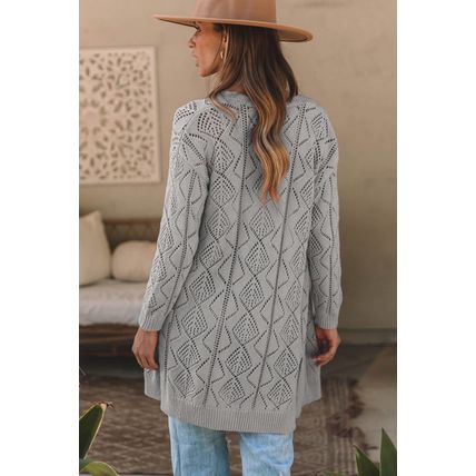 Gray Hollow-out Openwork Knit Cardigan