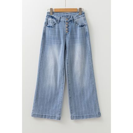 Beau Blue Multi Buttons Pinstripe Wide Leg Jeans