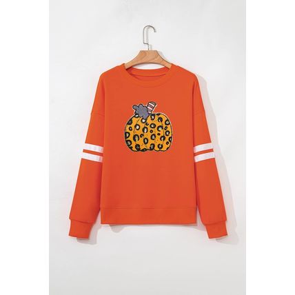 Orange Leopard Pumpkin Graphic Varsity Oversized Sweatshirt