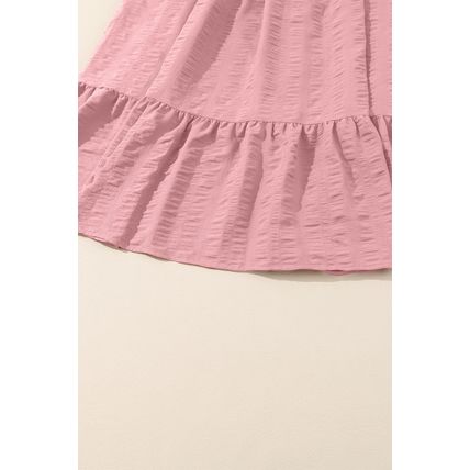 Pink Lace-up Ruched Front Long Sleeve Ruffle Hem Plus Size Midi Dress