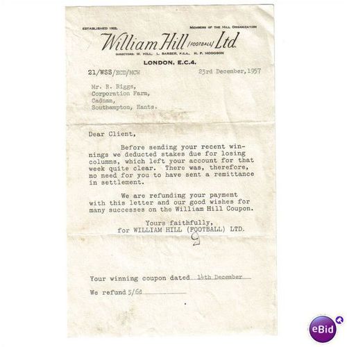 1957 WILLIAM HILL "FOOTBALL" LTD LONDON EC4 23DEC57
