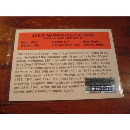 1987 All Time Greats, Autograph Card w/COA, JOE DIMMAGIO, Yankees, HOF!!!