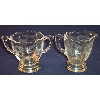Vintage Etched Glass Floral Sugar & Creamer Set with Sterling Silver Bases