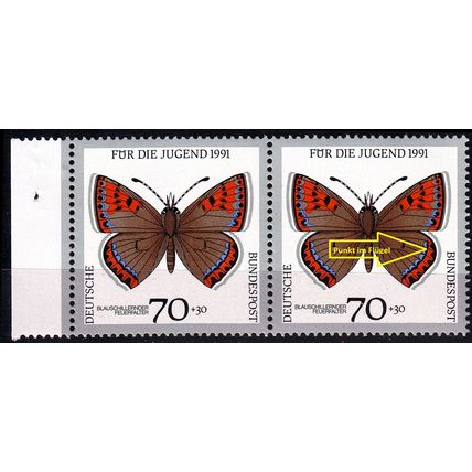 GERMANY BUND [1991] MiNr 1515 F14 2er ( **/mnh ) [01] Schmetterlinge Plattenfehl