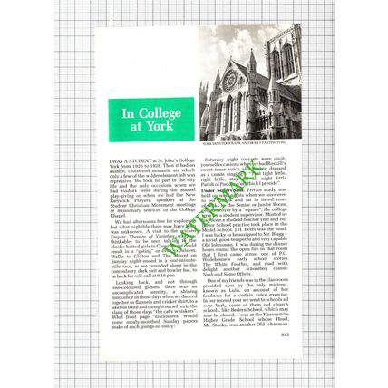 St John's College York William McDowell - 1988 Small Article