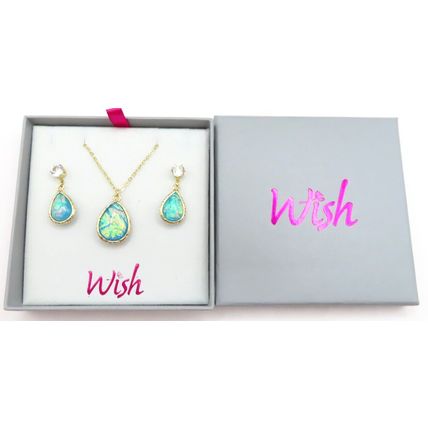Blue Opalescent Drop & Necklace with Drop Earrings Set Gold Coloured Gift
