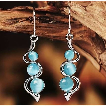 Sea Blue Cat's Eye Faux Gemstone Wavy Drop Earrings + Free Gift Bag