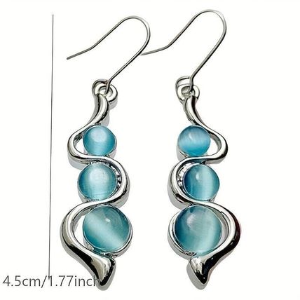 Sea Blue Cat's Eye Faux Gemstone Wavy Drop Earrings + Free Gift Bag