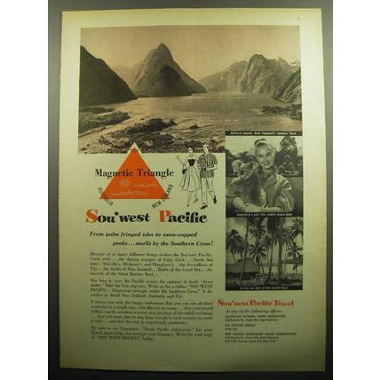1958 Sou'west Pacific Travel Ad - Magnetic Triangle Fiji Australia New Zealand