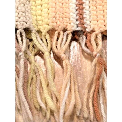 Crochet Vintage Handmade Afghan 48"x68" Pastel Peach Tan Yellow White Fringes