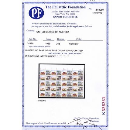 2437b, MNH 25¢ Dark Blue Omitted Error Pane of 40 Errors PFC Cert - Stuart Katz