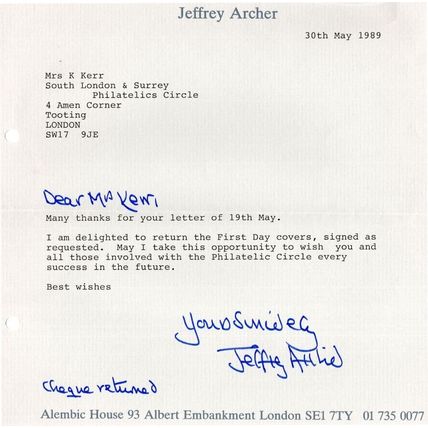 Jeffrey Archer Vintage Hand Signed Letter On Headed Paper