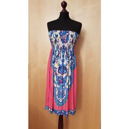 Strappless Elastic Blue Pink White Multi Statement Print Tunic Dress M 12 UK