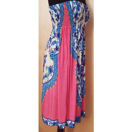 Strappless Elastic Blue Pink White Multi Statement Print Tunic Dress M 12 UK