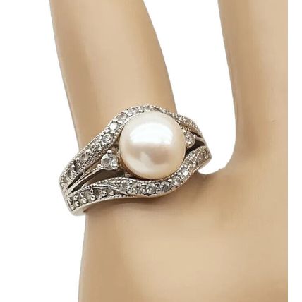 Vintage Art Deco Style 925 Sterling Silver and Cultured Pearl and Crystal Ring