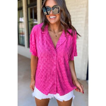 Bright Pink Lapel Neck Checkered Textured Short Sleeve Shirt