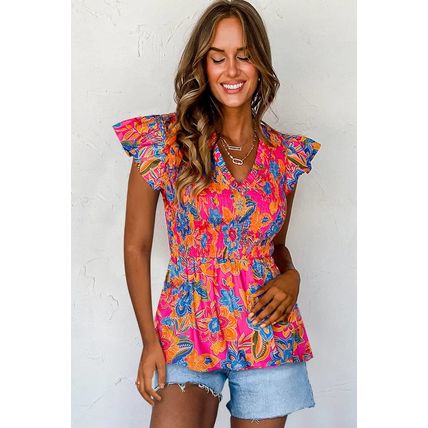Rose Red Floral Print Smocked Ruffle Trim Flutter Sleeve Blouse