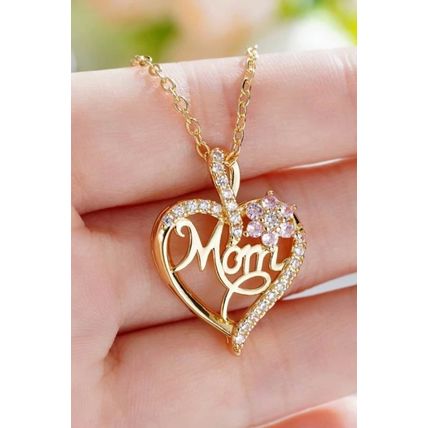 Gold Mom Rhinestone Flower Hollow-out Heart Necklace