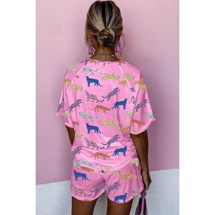 Pink Flower Print Short Sleeve High Waist Two Piece Shorts Set