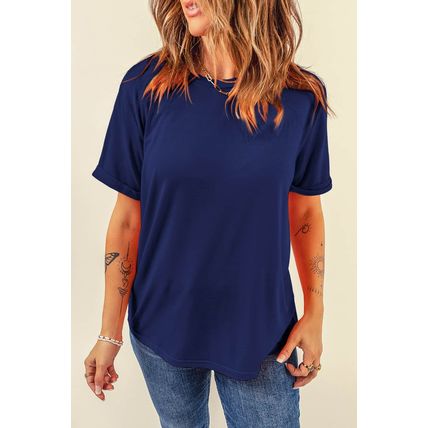 Blue Casual Plain Crew Neck Tee