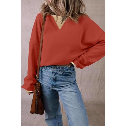 Red Clay Color Block Patch Drop Shoulder Oversized Sweatshirt