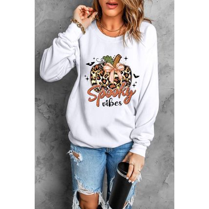 Beige Spooky Leopard Pumpkin Print Crew Neck Sweatshirt
