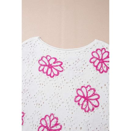 White Contrast Flower Print Eyelet Drop Shoulder Sweater