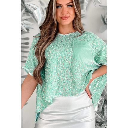 Moonlight Jade Sequin Batwing Sleeve V Neck Velvet Blouse