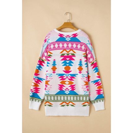 White Oversize Aztec Print High Low V Neck Sweater