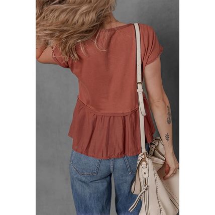 Chestnut Short Sleeve U Neck Buttons Splicing Ruffle Blouse