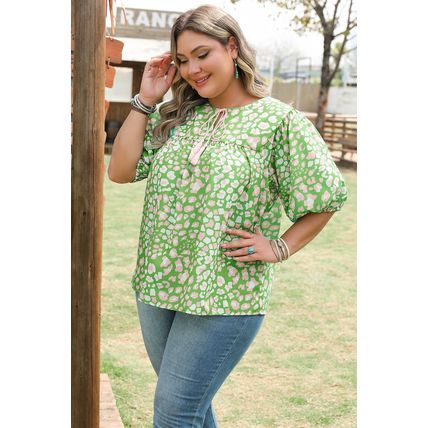 Green Plus Size Floral Tassel Tie Split Neck Puff Sleeve Blouse