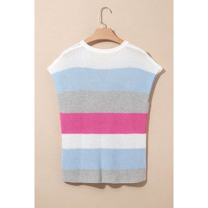 Light Blue Color Block Notch V Neck Sweater T Shirt