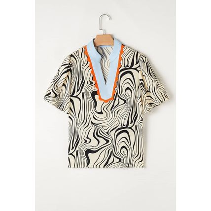 White Zebra Stripe Print Contrast V-Neck Ricrac Detail Short Sleeve Blouse Top
