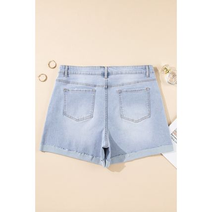 Beau Blue Folded Edge High Waist Plus Size Denim Shorts