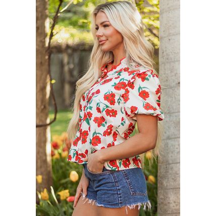 Red Floral Print Ruffled Puff Sleeve Elegant Summer Shirt