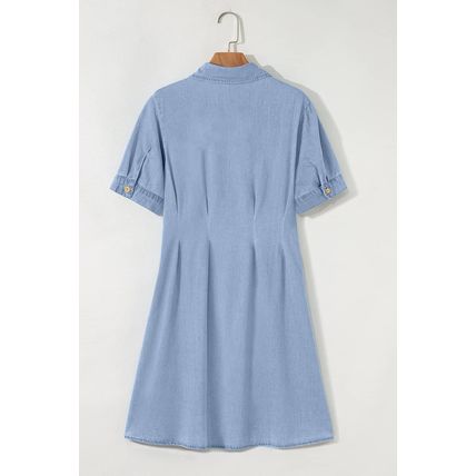 Myosotis Denim Pleated Slim Waist Short Sleeve Shirt Dress
