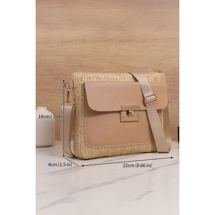 Thai Curry Leather Pocket Patchwork Straw Woven Shoulder Bag