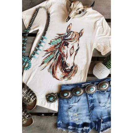 White Western Aztec Horse Graphic Crewneck Tee