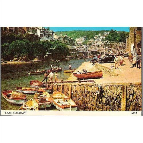Looe, Cornwall - boats, slipway, cars - Harvey Barton postcard 1972