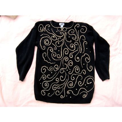 Womens Victoria Jones Black Sweater L Large Gold Beading Ugly Interesting Heavy