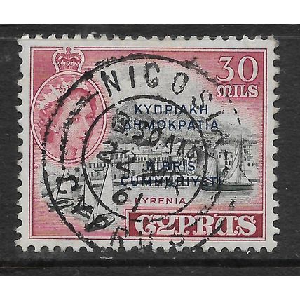CYPRUS 1960 30M OPT CYPRUS REPUBLIC BLACK & CARMINE SG 195 FINE USED#