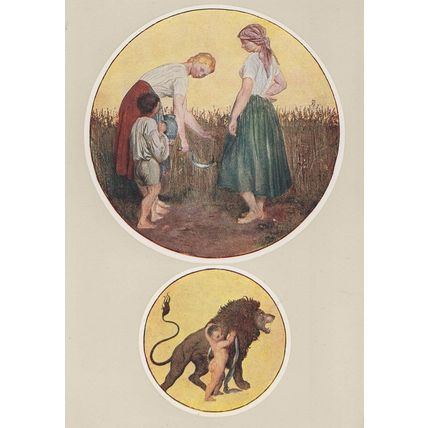 Josef Manes Ladies Farming Child Fighting Lion Czech Painting Postcard