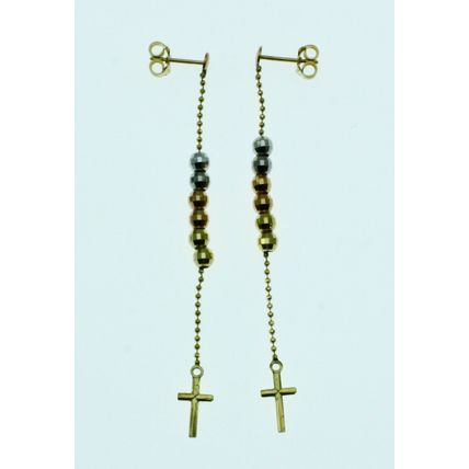 New Real 14 K Gold Multi Tone Beads Bead Chain Cross Dangle Drop Stud Earrings