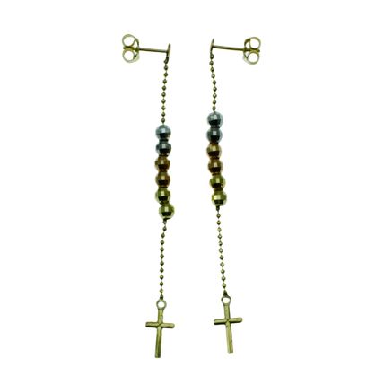 New Real 14 K Gold Multi Tone Beads Bead Chain Cross Dangle Drop Stud Earrings