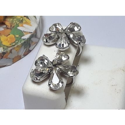 Estate Pear Cut Rhinestone Flower Screw On Phyllis Sterling Silver Earring#18464