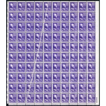 807, Mint NH 3¢ Sheet With Pre Printing Paper Fold Error * Stuart Katz