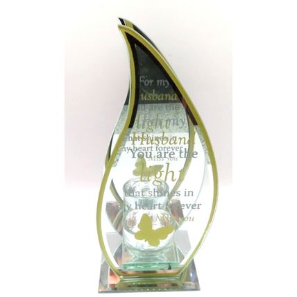 Flame Shaped Husband Tea Light Holder Memorial Verse Glass 20 CM Gift Sentiment