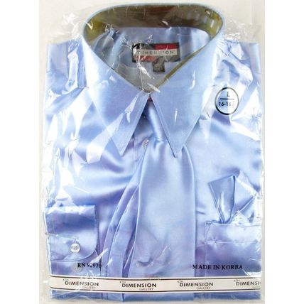 NEW Dimension Men's 3 Pc. Metallic Blue Satin Dress Shirt Set, L, 16-16.5
